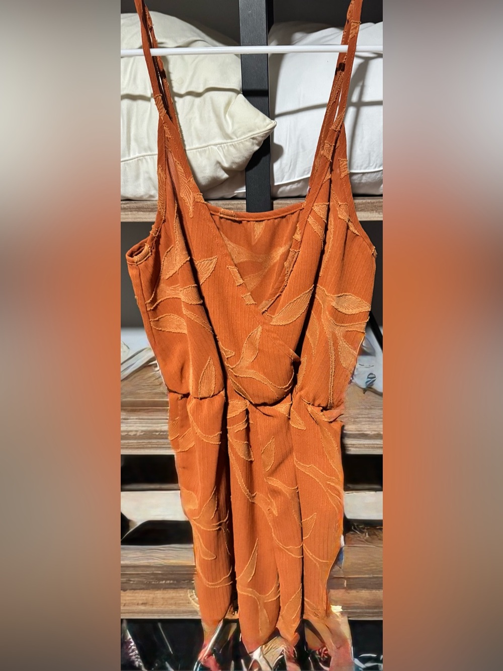 SHEIN V-Neck Rust Orange Leaf-Embossed Sleeveless Romper